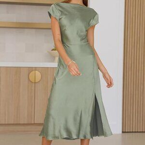 Sage Satin Cowl Neck Cocktail Wedding Guest Dress - S